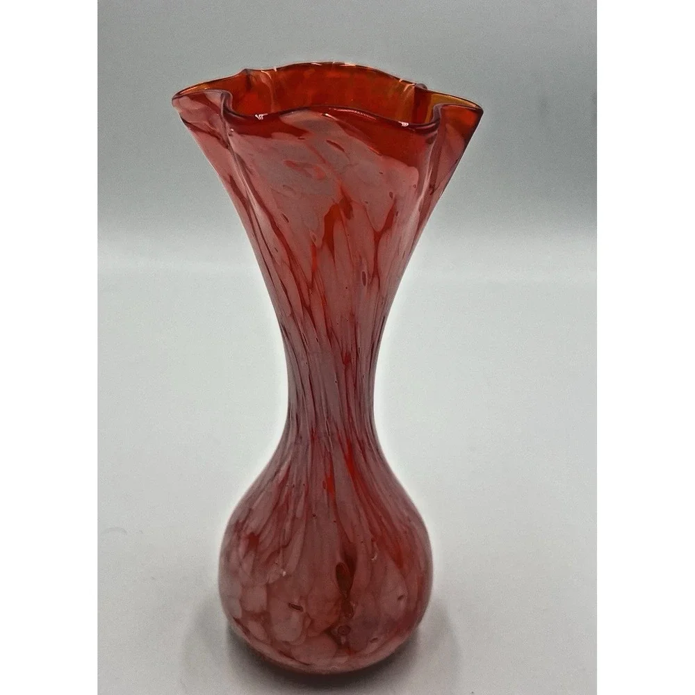 VTG Japanese Art Glass Bud Vase Orange‎ White Spatter 7.5